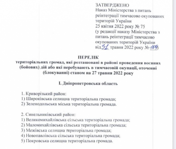 Семь громад Днепропетровщины признаны территориями, на которых ведутся боевые действия
