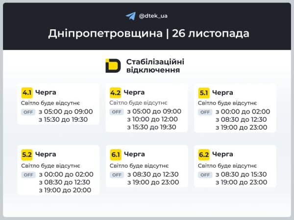 Графіки відключень світла на 26 листопада у Кам&rsquo;янському