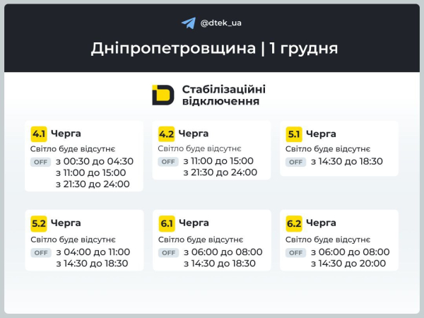 Графіки відключень світла на 1 грудня у Кам&rsquo;янському