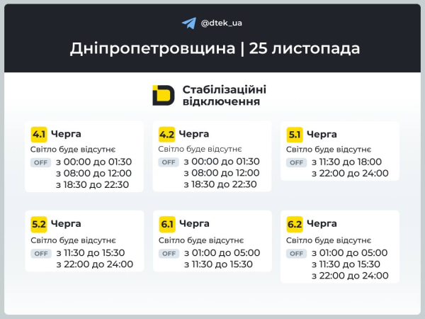 Графіки відключень світла на 25 листопада у Кам&rsquo;янському
