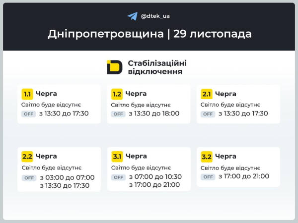 Графіки відключень світла на 29 листопада у Кам&rsquo;янському