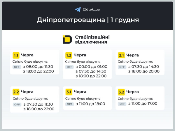 Графіки відключень світла на 1 грудня у Кам&rsquo;янському