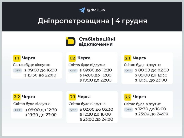 Графіки відключень світла на 4 грудня у Кам&rsquo;янському
