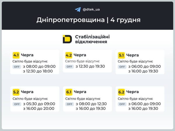 Графіки відключень світла на 4 грудня у Кам&rsquo;янському