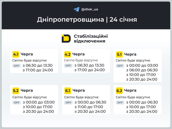 Графіки відключень світла на 24 січня у Кам&rsquo;янському