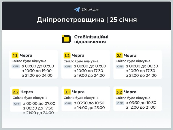 Графіки відключень світла на 25 січня у Кам&rsquo;янському