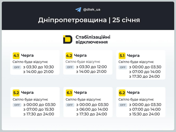 Графіки відключень світла на 25 січня у Кам&rsquo;янському