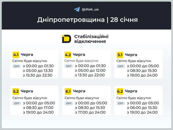 Графіки відключень світла на 28 січня у Кам&rsquo;янському