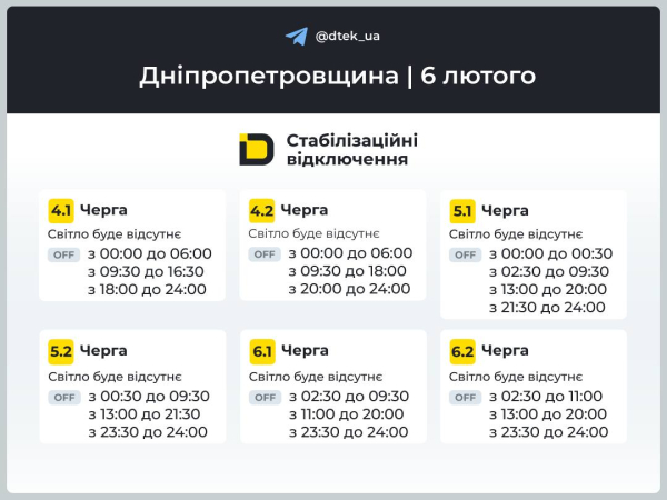 Графіки відключень світла на 6 лютого у Кам&rsquo;янському