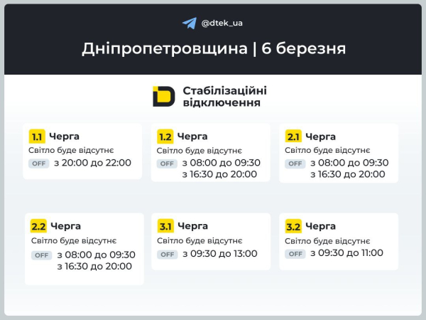 Графіки відключень світла на 6 березня у Кам&rsquo;янському