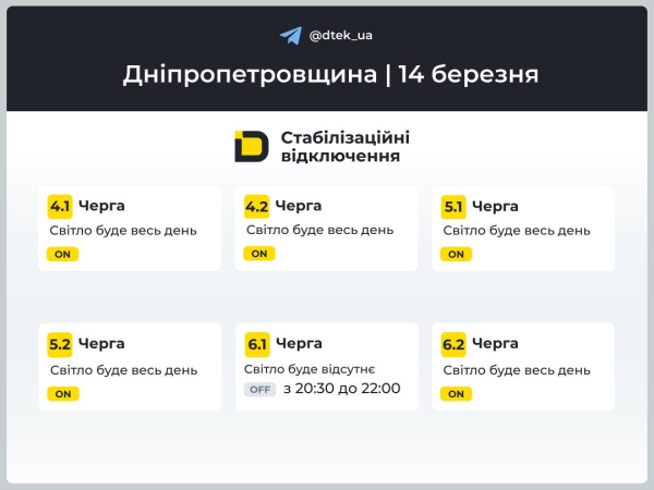 Графіки відключень світла на 14 березня у Кам&rsquo;янському