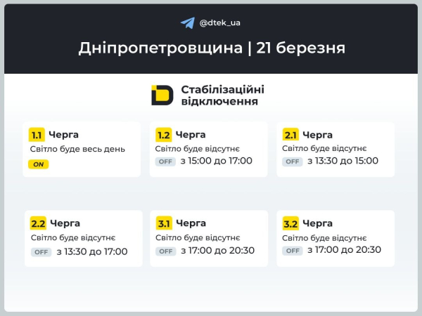 Графіки відключень світла на 21 березня у Кам&rsquo;янському