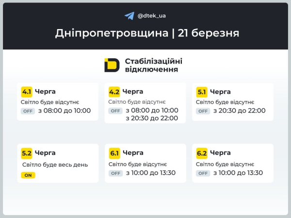 Графіки відключень світла на 21 березня у Кам&rsquo;янському