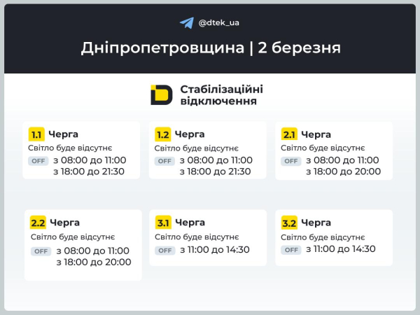 Графіки відключень світла на 2 березня у Кам&rsquo;янському