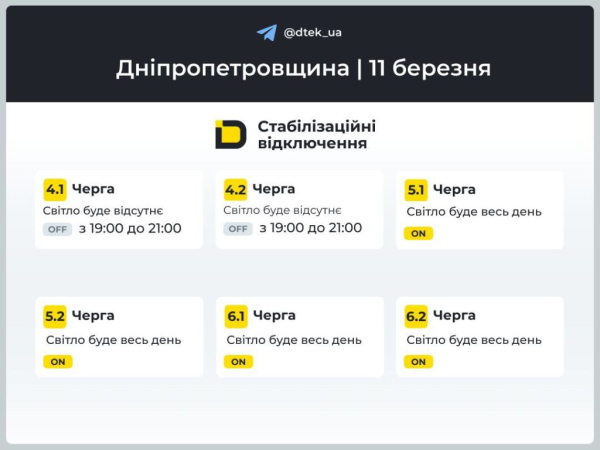 Графіки відключень світла на 11 березня у Кам&rsquo;янському