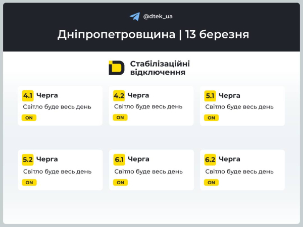 Графіки відключень світла на 13 березня у Кам&rsquo;янському