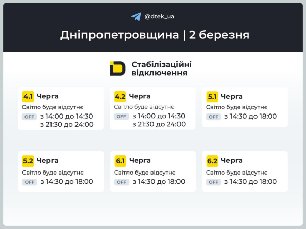 Графіки відключень світла на 2 березня у Кам&rsquo;янському