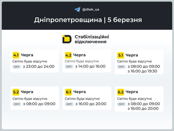 Графіки відключень світла на 5 березня у Кам&rsquo;янському