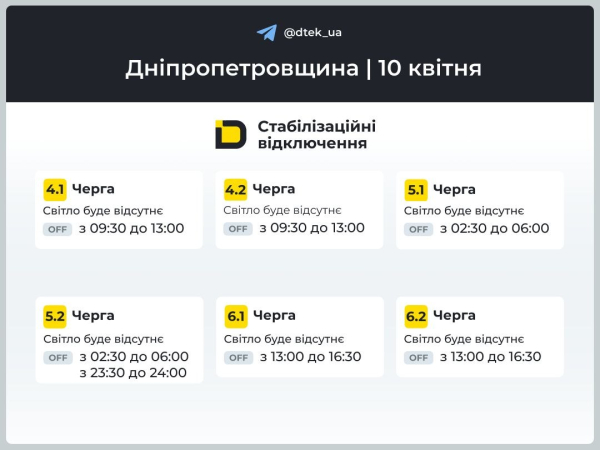 Графіки відключень світла на 10 квітня у Кам&rsquo;янському