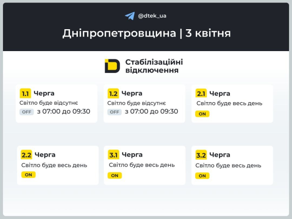 Графіки відключень світла на 3 квітня у Кам&rsquo;янському